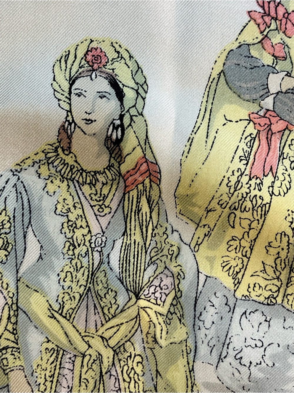 Hermès 'Costumes de Dames' Silk Scarf in Pink, Yellow, Gray - Picture 13 of 13